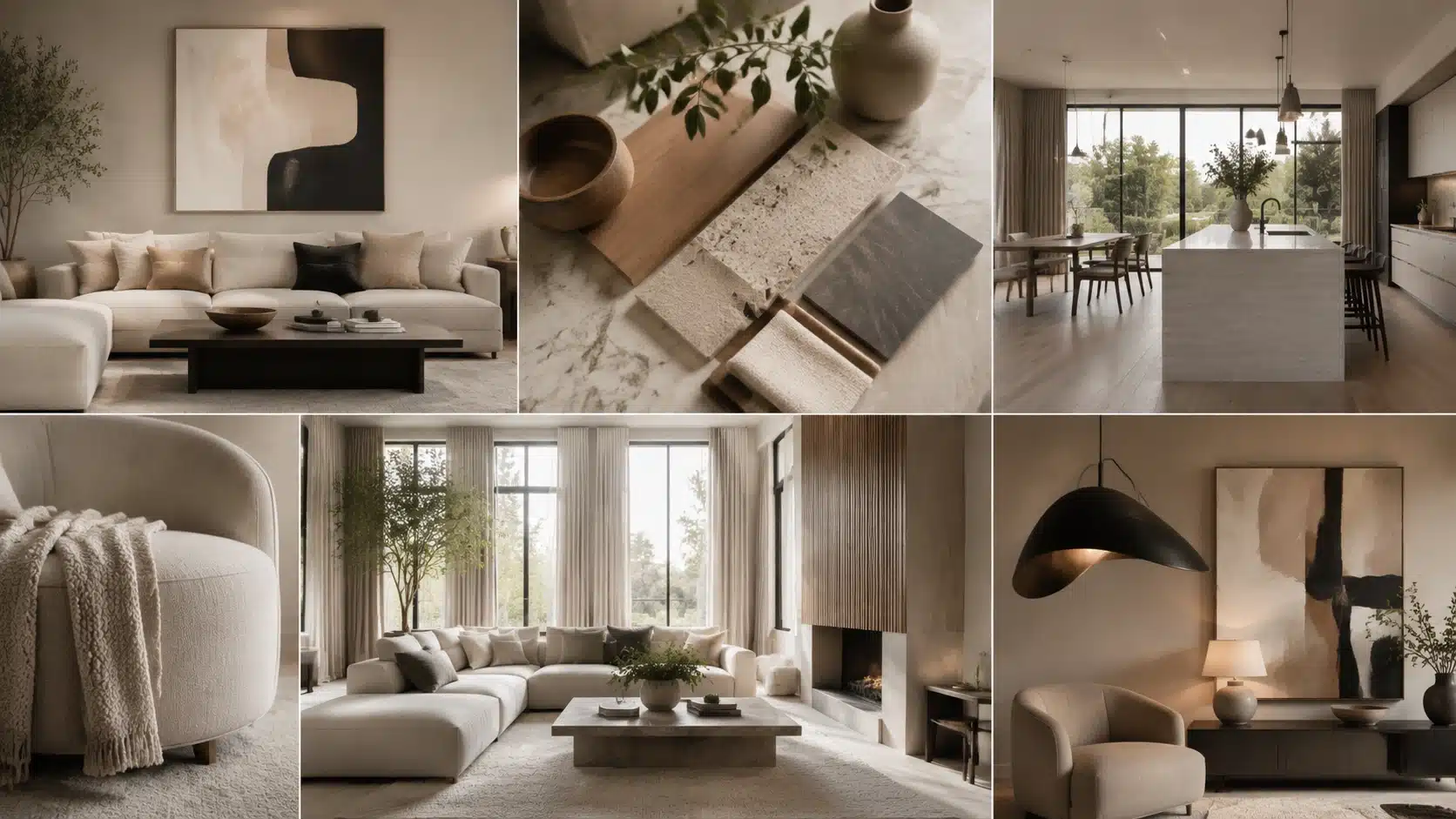 Contemporary interior design featuring neutral colors, clean lines, natural materials, textures, and functional spaces