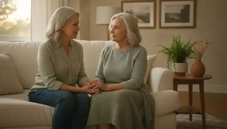 Two women sitting on couch in cozy living room holding hands