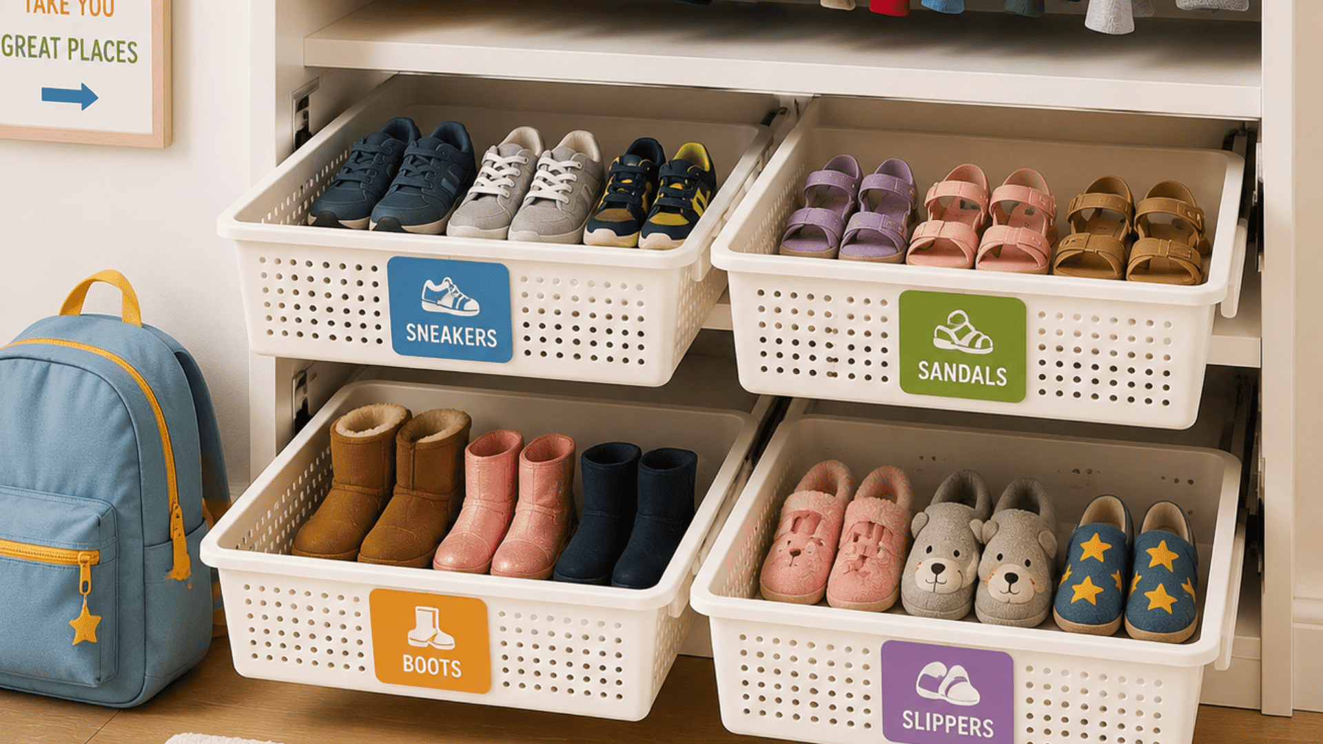 Kid-friendly closet entryway with low pull-out baskets storing sneakers, boots, sandals, and slippers, and colorful jackets hanging above.