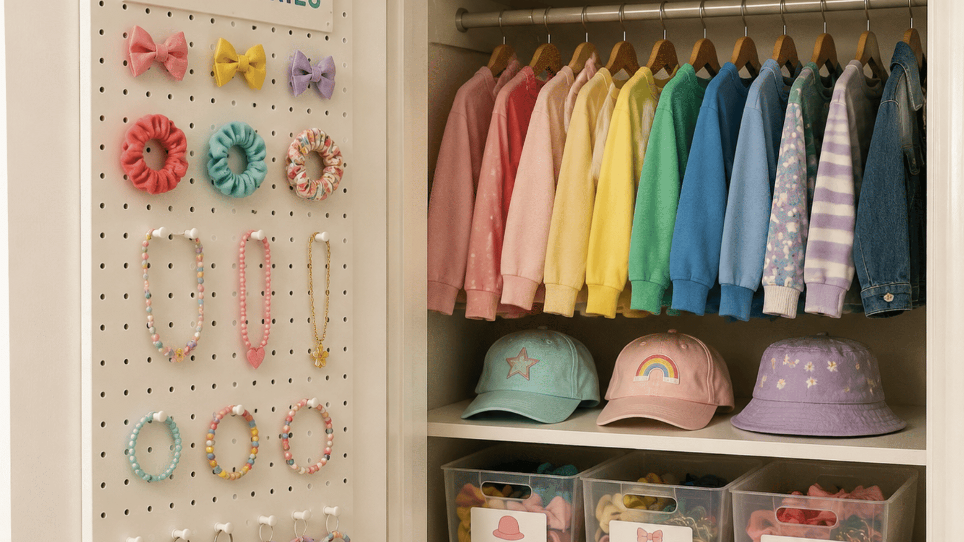 Kids’ closet with a pegboard on the door holding bracelets, hair accessories, and keychains, alongside shelves with hats, jewelry, and neatly hung colorful clothes.