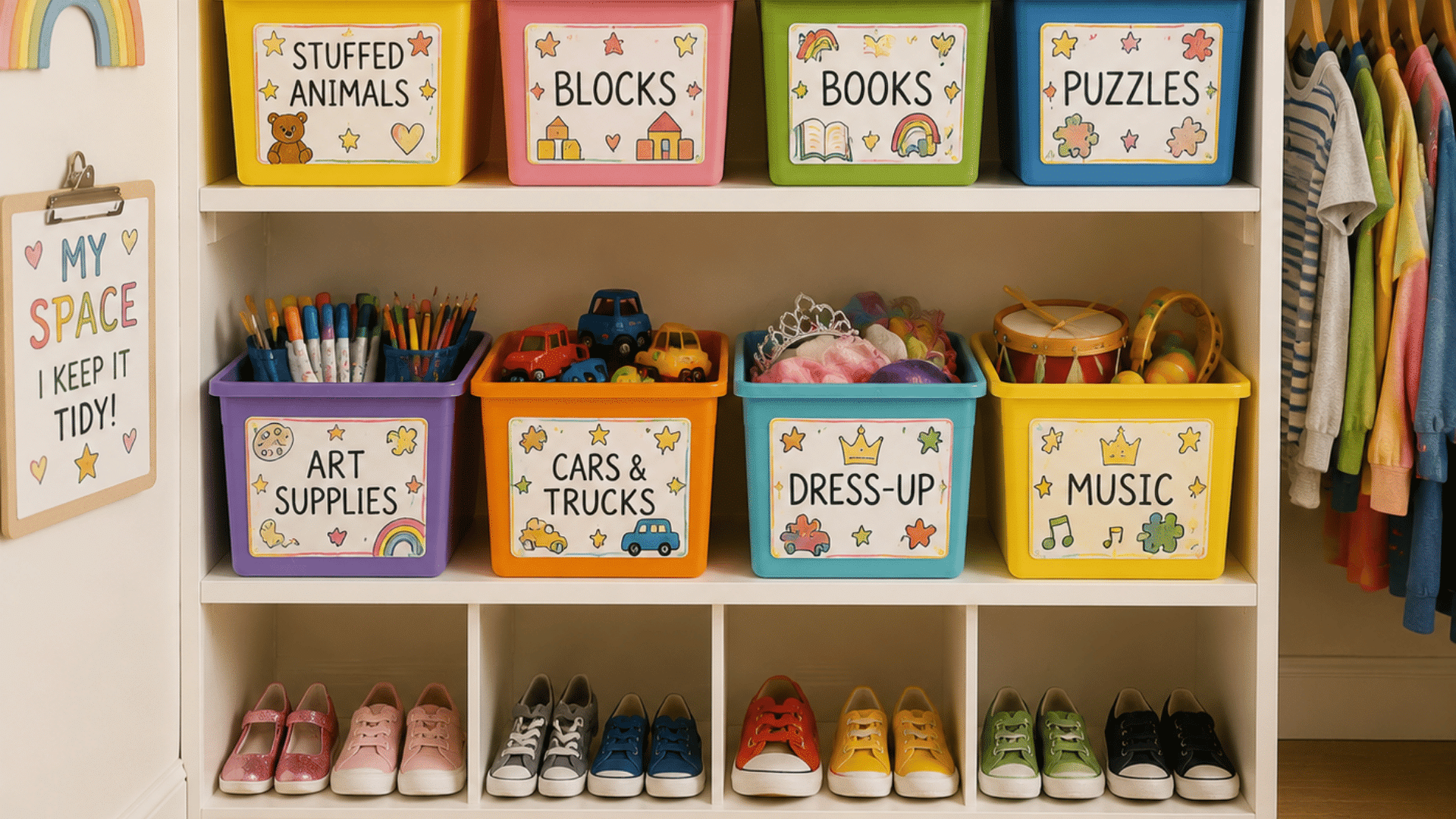 Kids’ closet with colorful bins featuring decorated labels for toys, books, and art supplies, neatly organized on white shelves above cubbies for shoes.