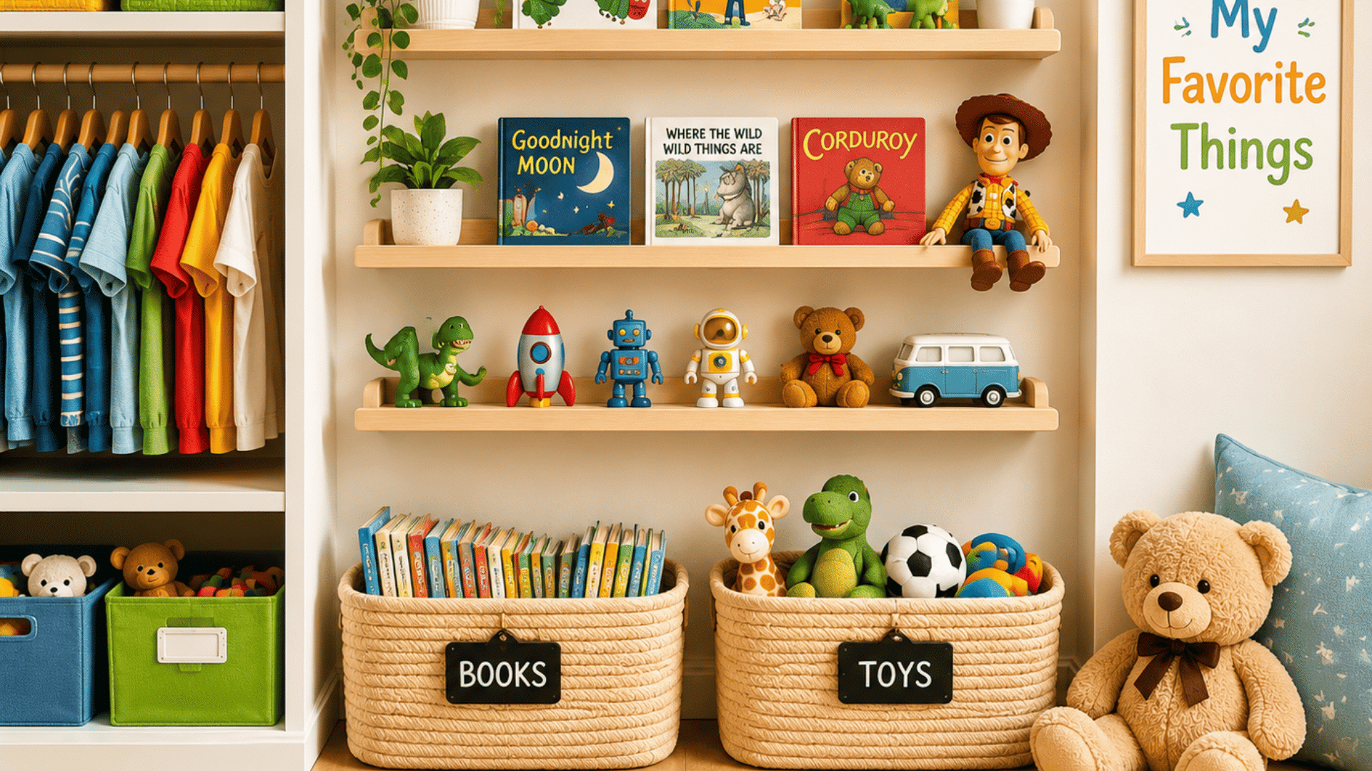Kids’ room corner with mini shelves displaying favorite books and toys, colorful labeled baskets on the floor, and neatly organized clothes on a rack.