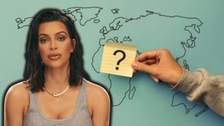 Kim Kardashian ethnicity explained with her portrait, world map, and heritage question concept.