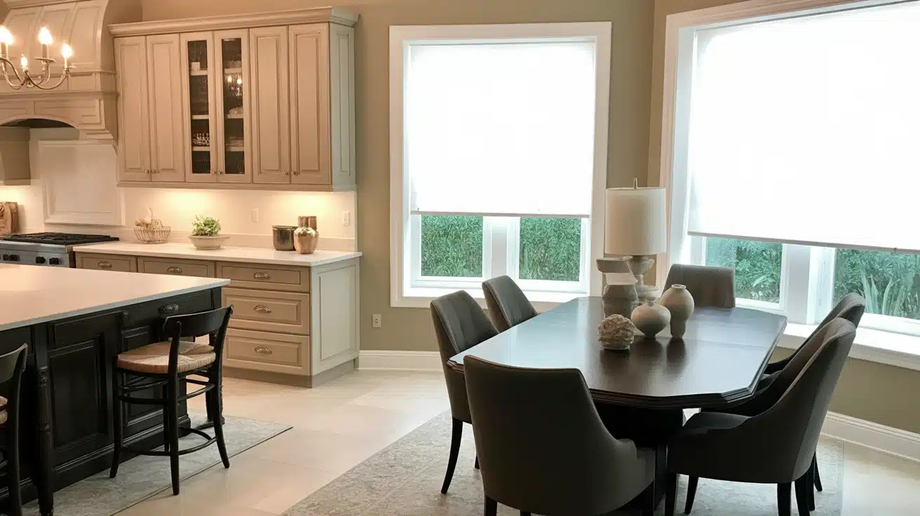 A kitchen open to a dining area, featuring beige walls, a dark wood island with barstools, and a dark dining table set.