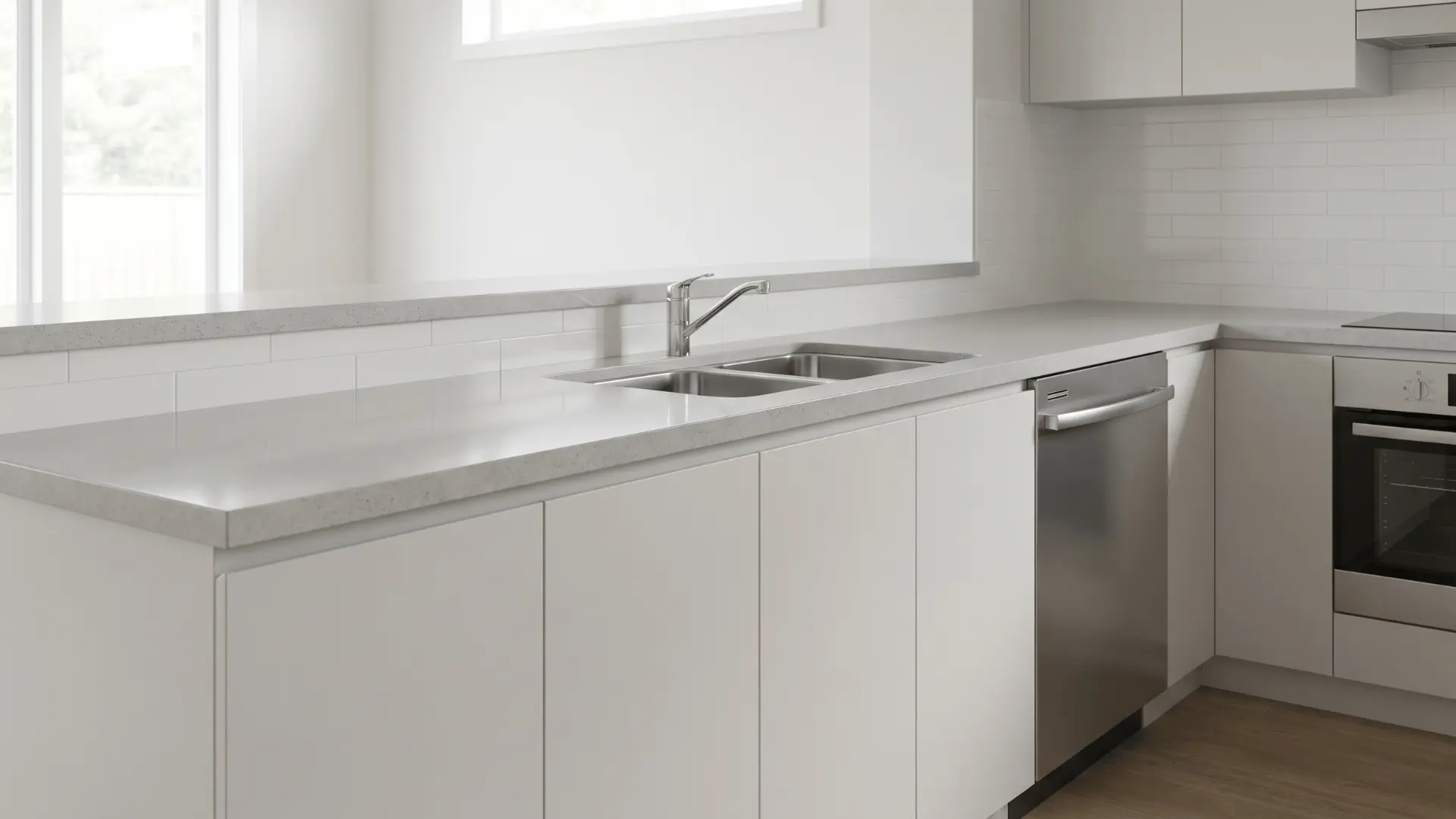 Kitchen counter with standard-height cabinets and built-in appliances