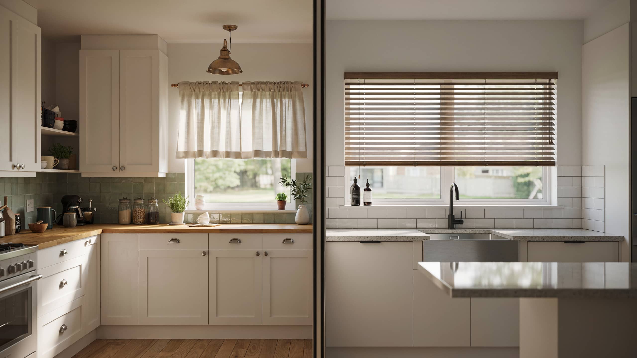 Kitchen window comparison showing decorative curtains and practical blinds