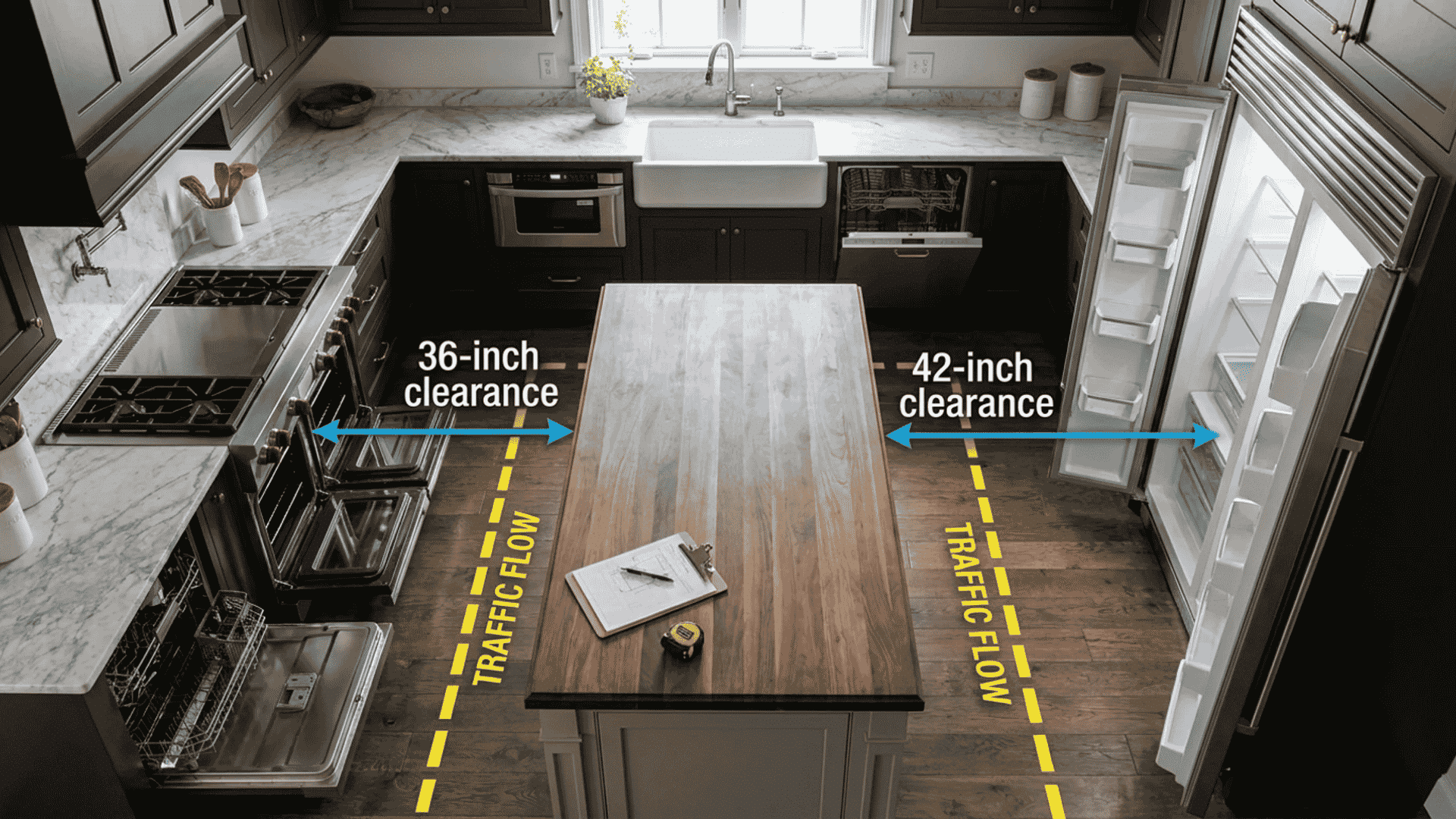Recommended clearance space around a kitchen island