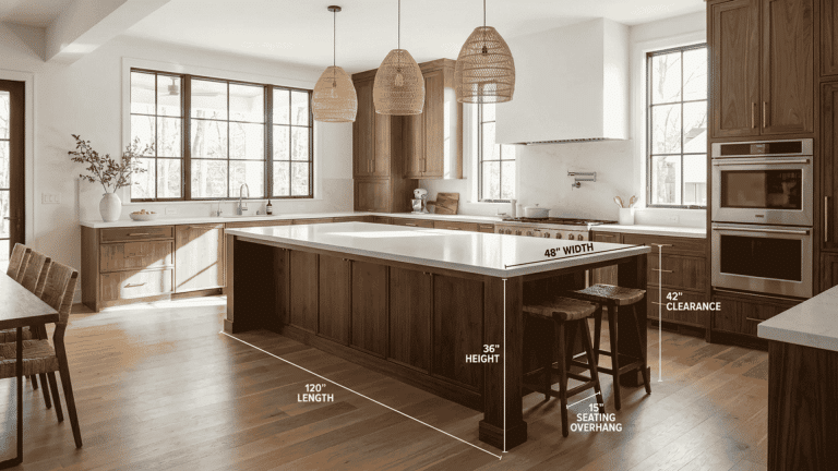 Kitchen island with text overlays showing standard dimensions: 120" length, 36" height, 48" width, 15" seating overhang, 42" clearance.