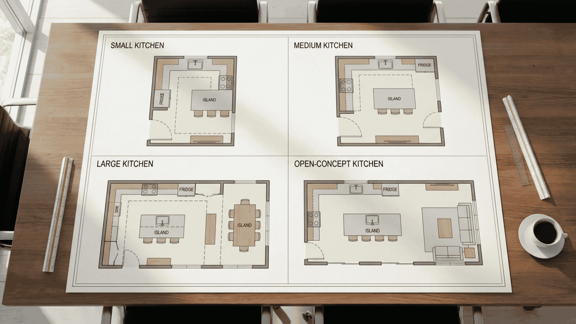 Kitchen island size examples for small, medium, and large kitchens