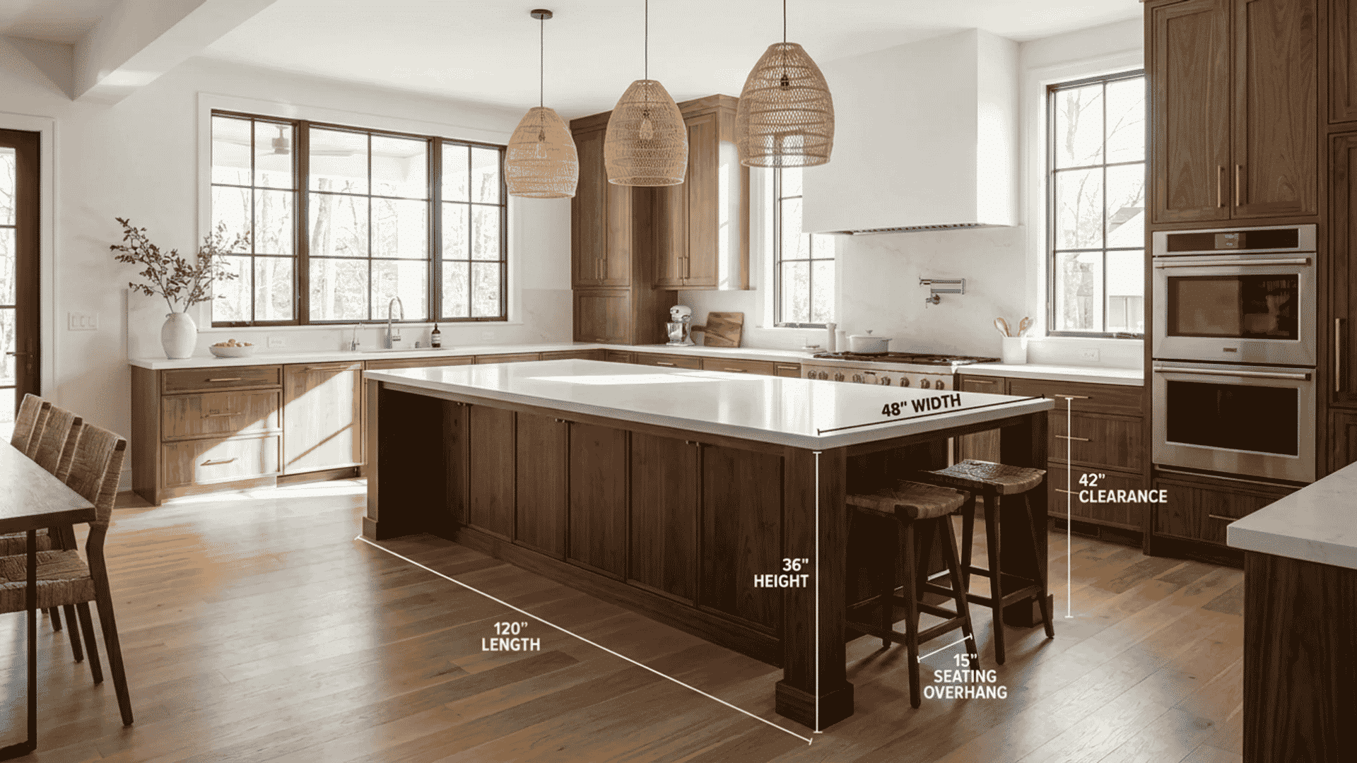Kitchen island with text overlays showing standard dimensions: 120" length, 36" height, 48" width, 15" seating overhang, 42" clearance.