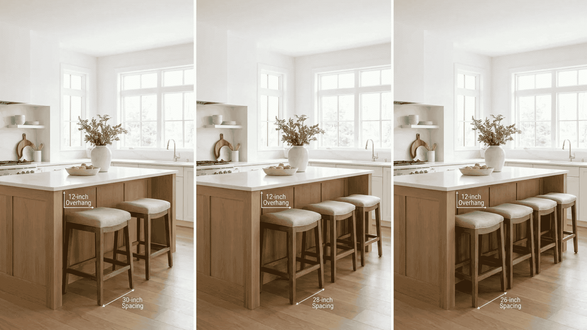 Kitchen island seating spacing and overhang dimensions for stools
