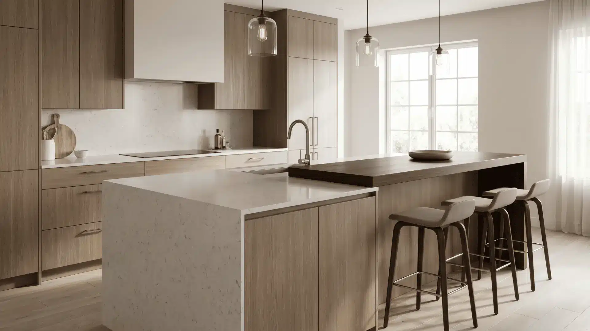 Kitchen island with counter-height and raised bar-height seating areas