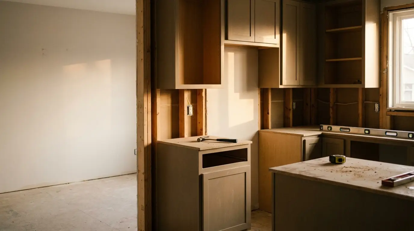 Kitchen under renovation with installed cabinets and tools on the countertop in warm lighting