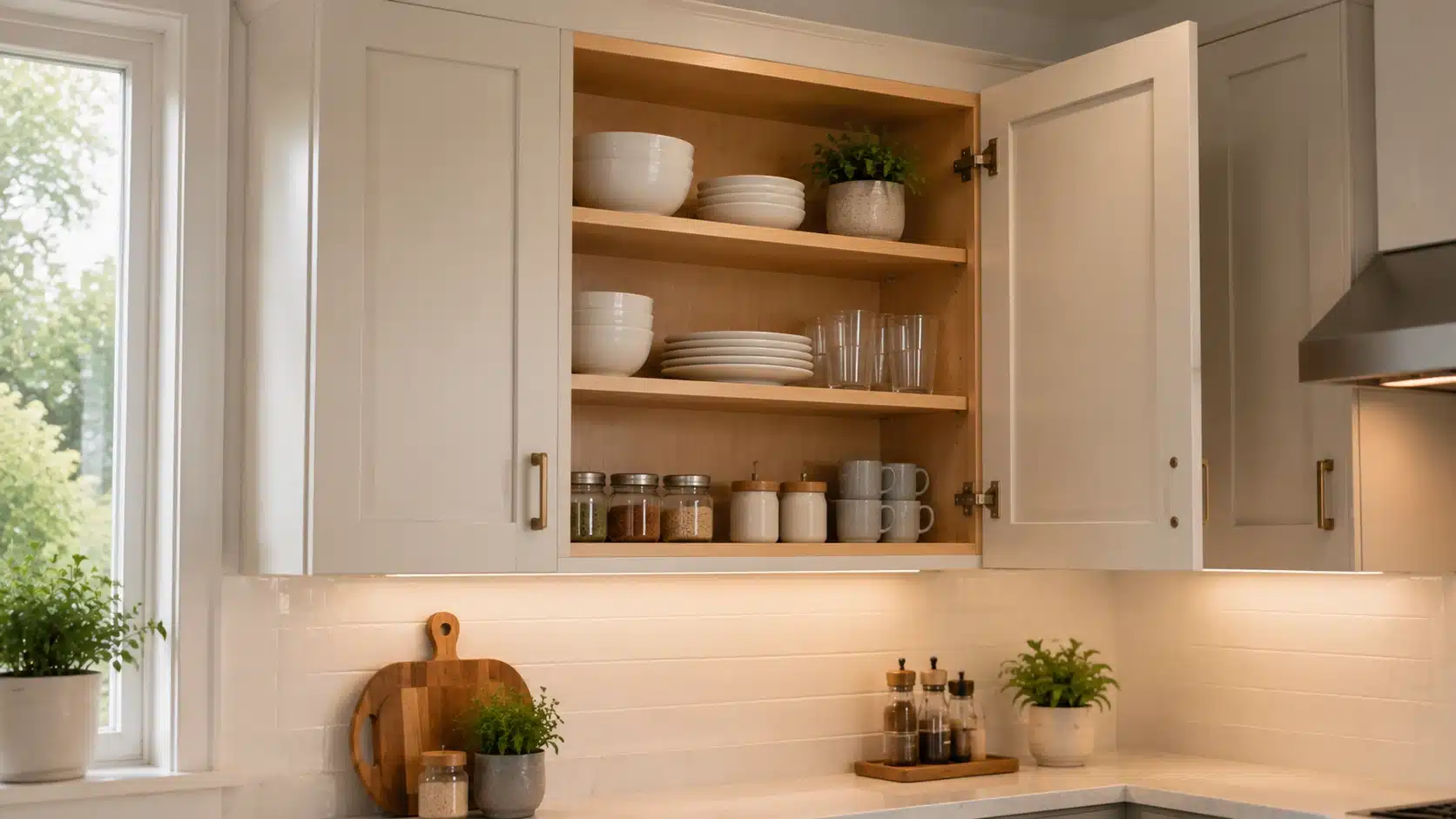 Open kitchen wall cabinets displaying dishes and everyday storage items