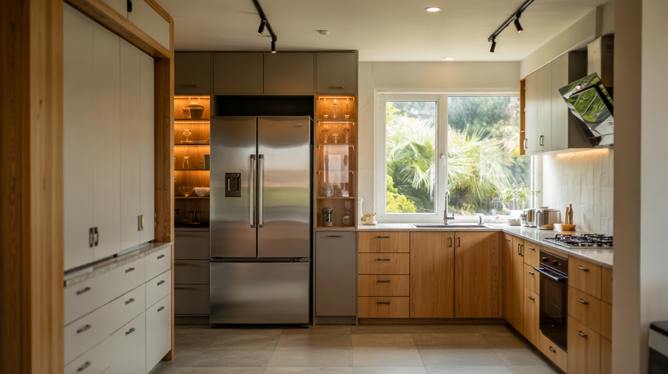 Modern L-shaped kitchen featuring light wood lower cabinets, gray upper cabinets, and integrated stainless appliances.
