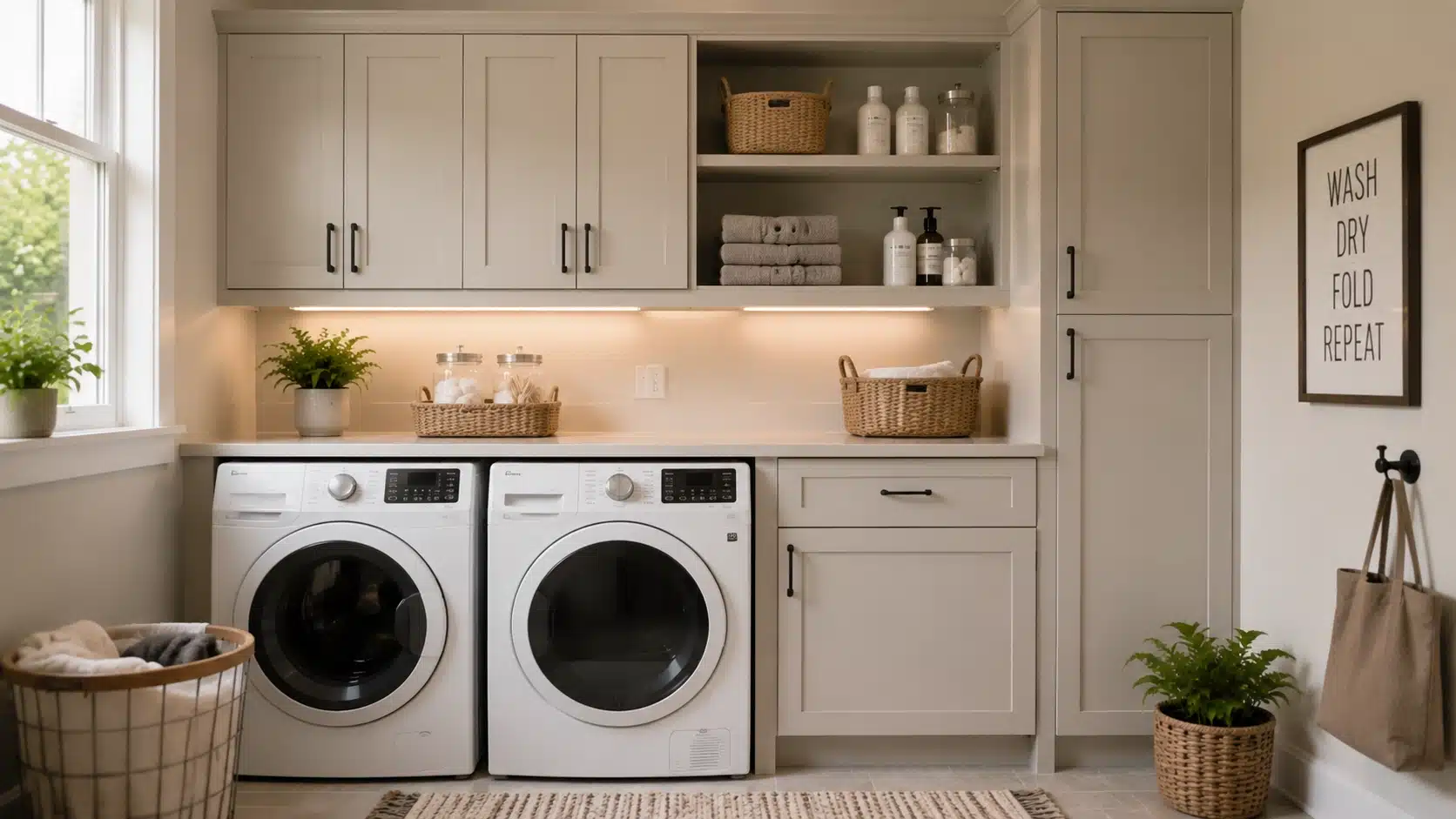 Laundry room cabinets above washer and dryer with organized storage