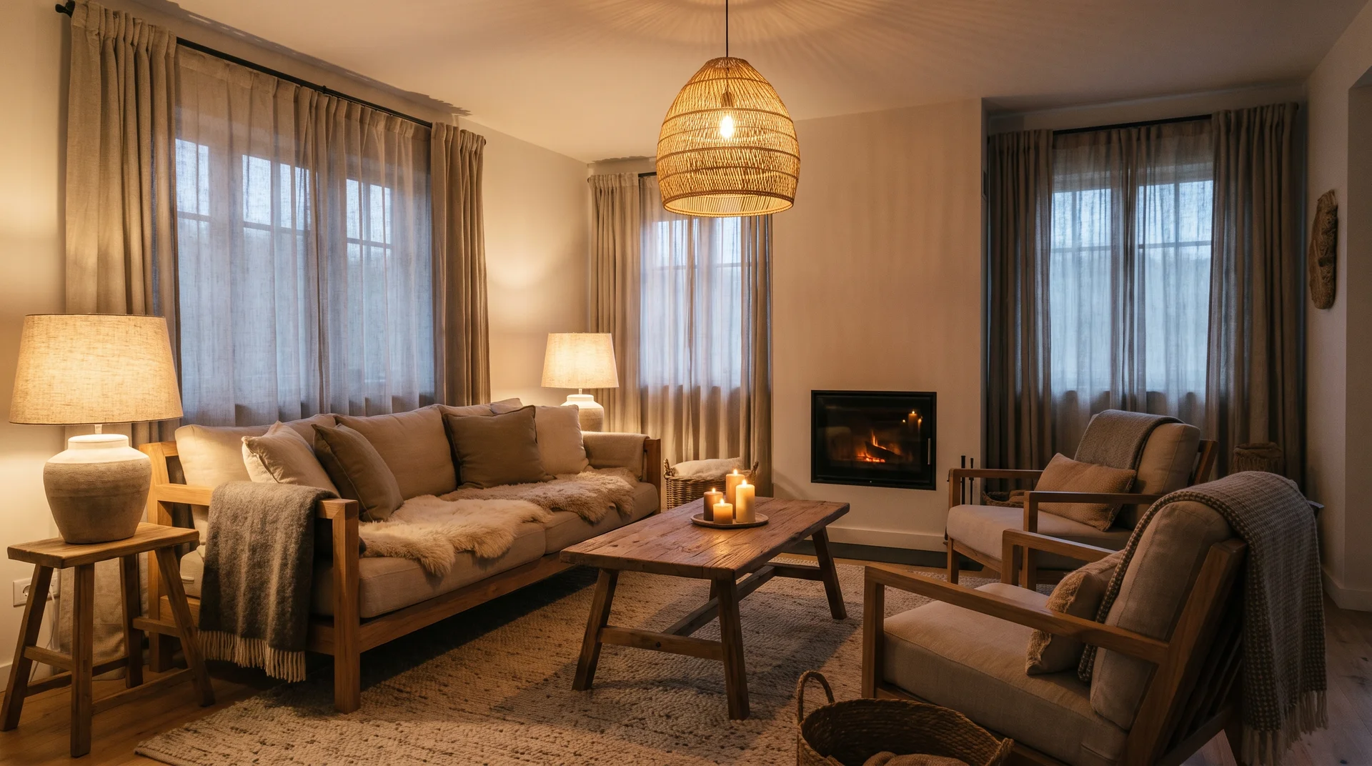 Warm cottage living room with layered lamps and soft lighting.