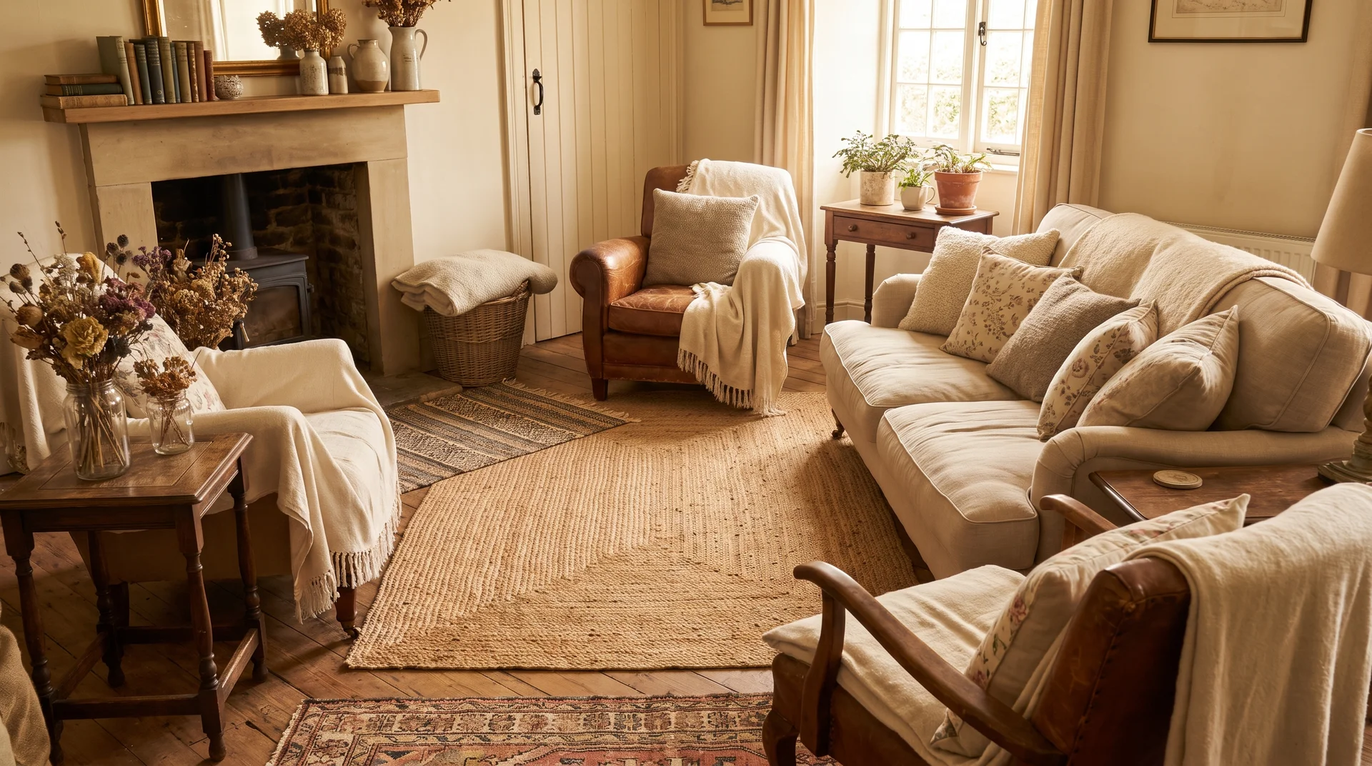 Layered rugs and soft textiles create a cozy cottage living room.