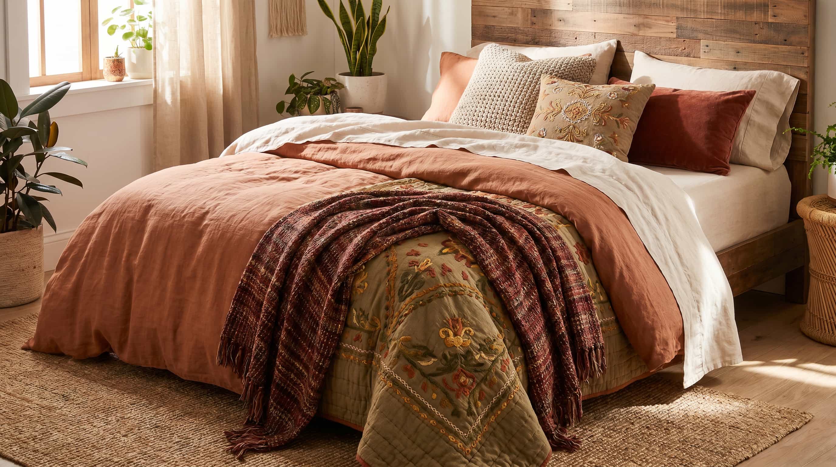 Bohemian interior design bedroom showcasing layered bedding, textured throws, embroidered quilts, and earthy color palettes.