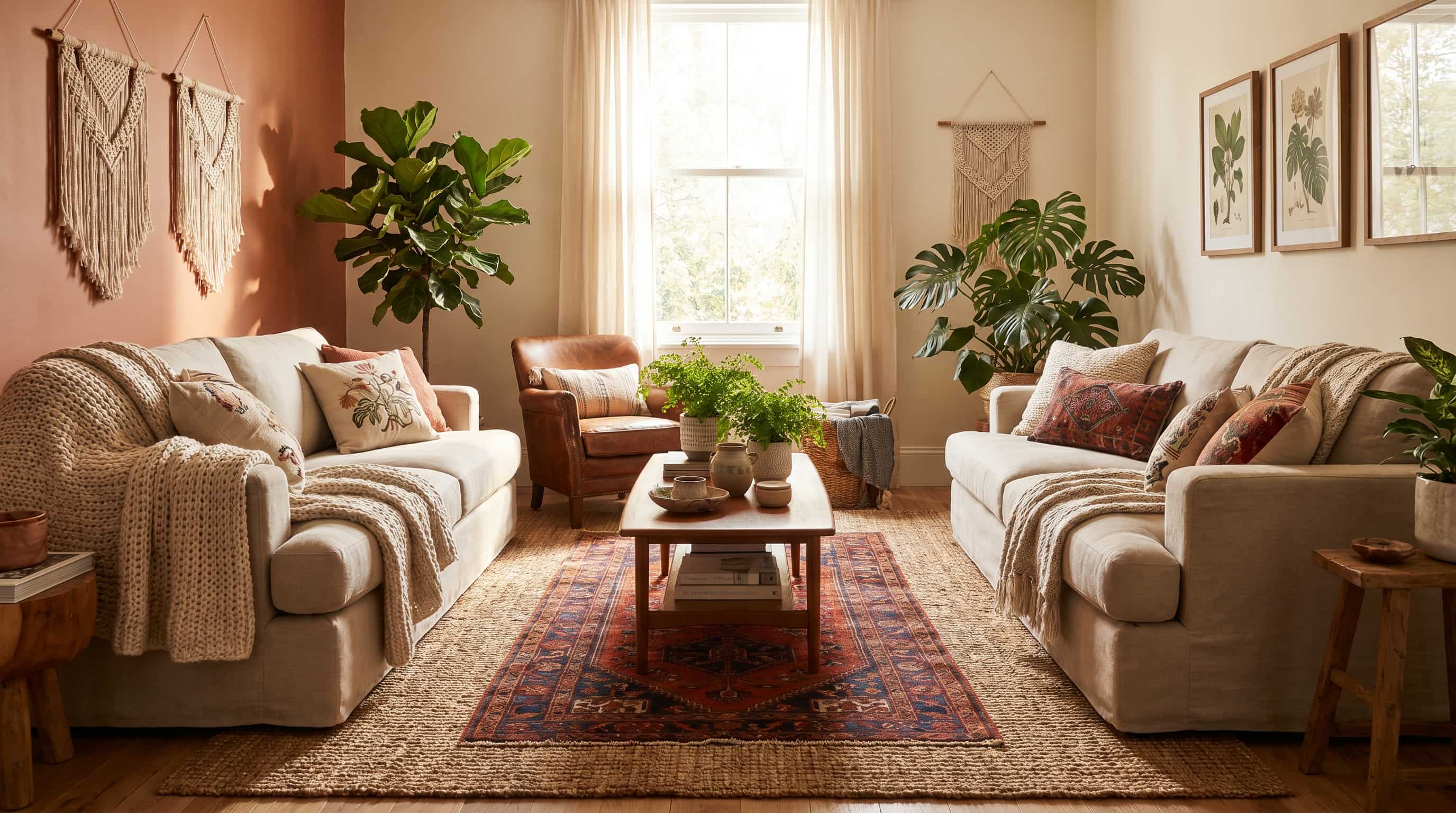 Bohemian interior design living room with layered rugs, neutral sofas, macrame decor, plants, and warm earthy accents.