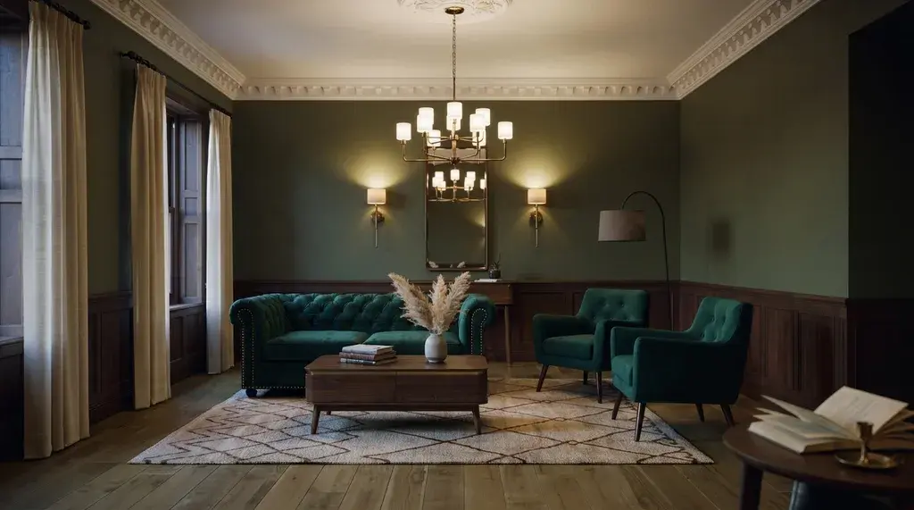 Modern Victorian living room with chandelier, sconces, and layered warm lighting.