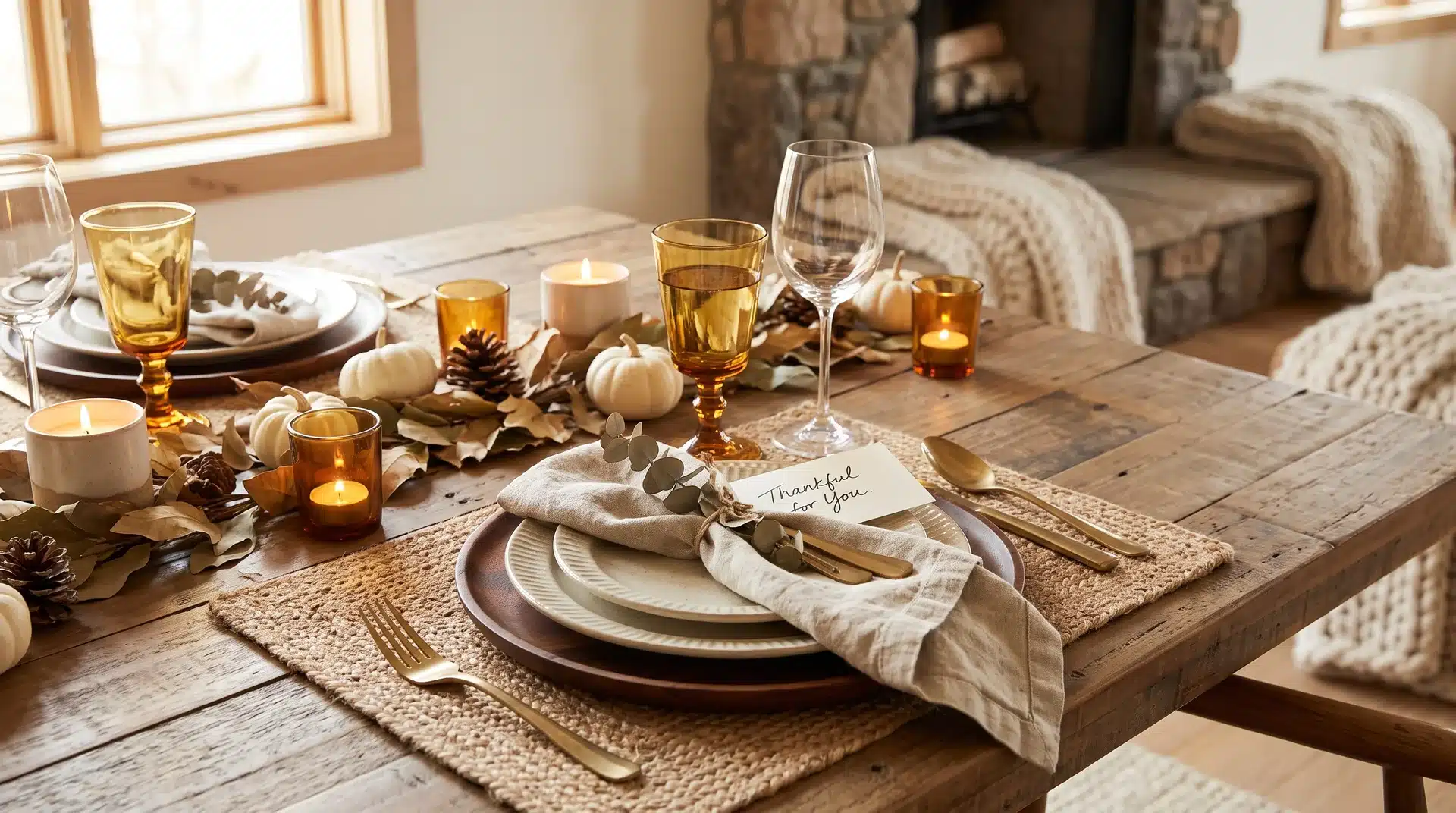 Layered Thanksgiving place setting with linen, stoneware, and natural textures.
