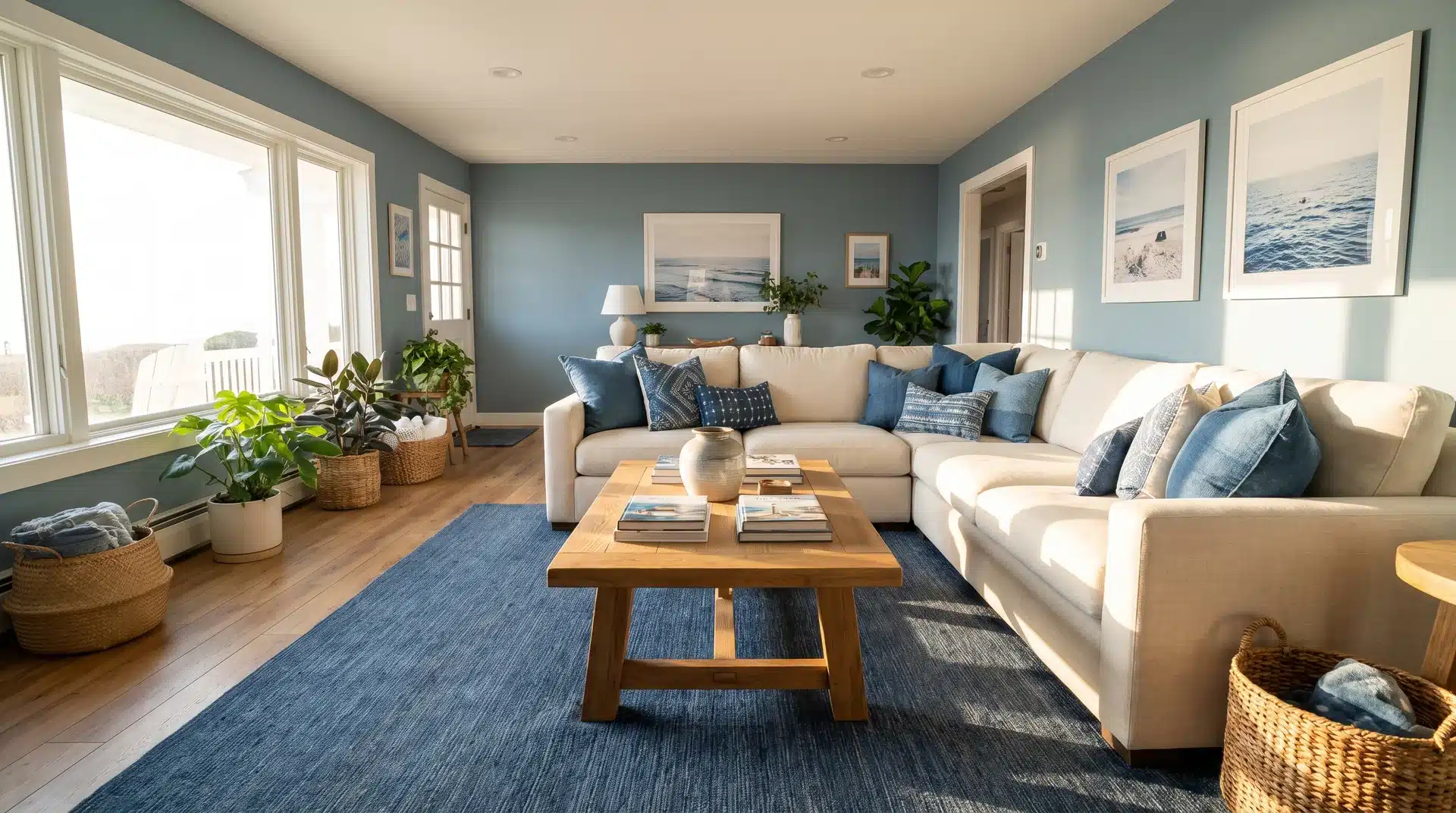 Full living room with Benjamin Moore Buxton Blue walls denim rug cream sofa and oak flooring.
