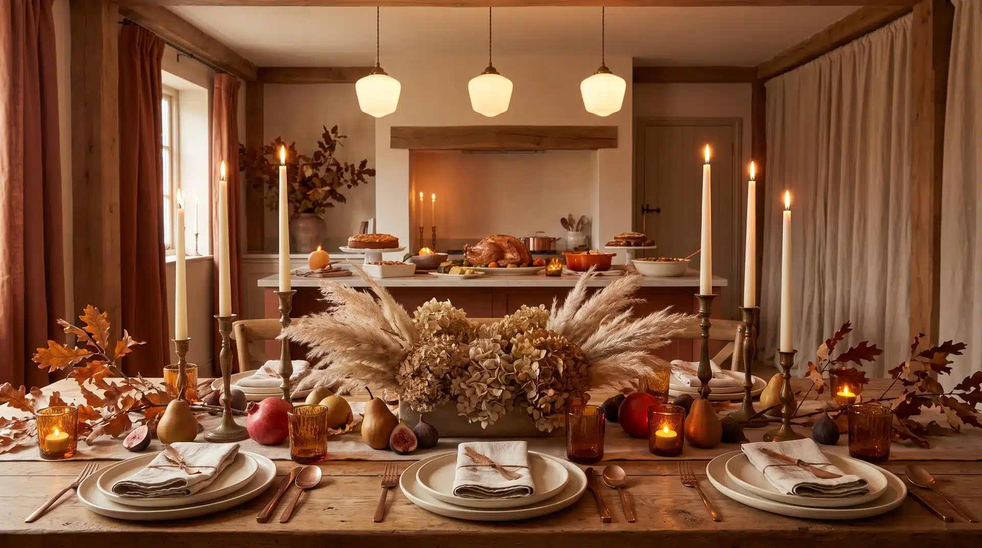 Layered Thanksgiving table with tall taper candles, low dried floral arrangement, and amber votives across a linen tablecloth.