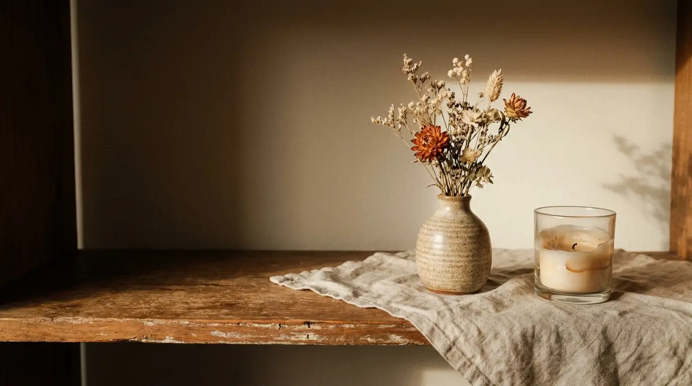 Ceramic vase with dried flowers and candle on rustic wooden shelf in warm light