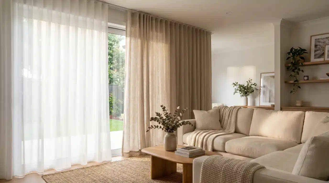 Layered sheer and opaque drapes creating adjustable light control in a cozy living room with soft neutral decor.