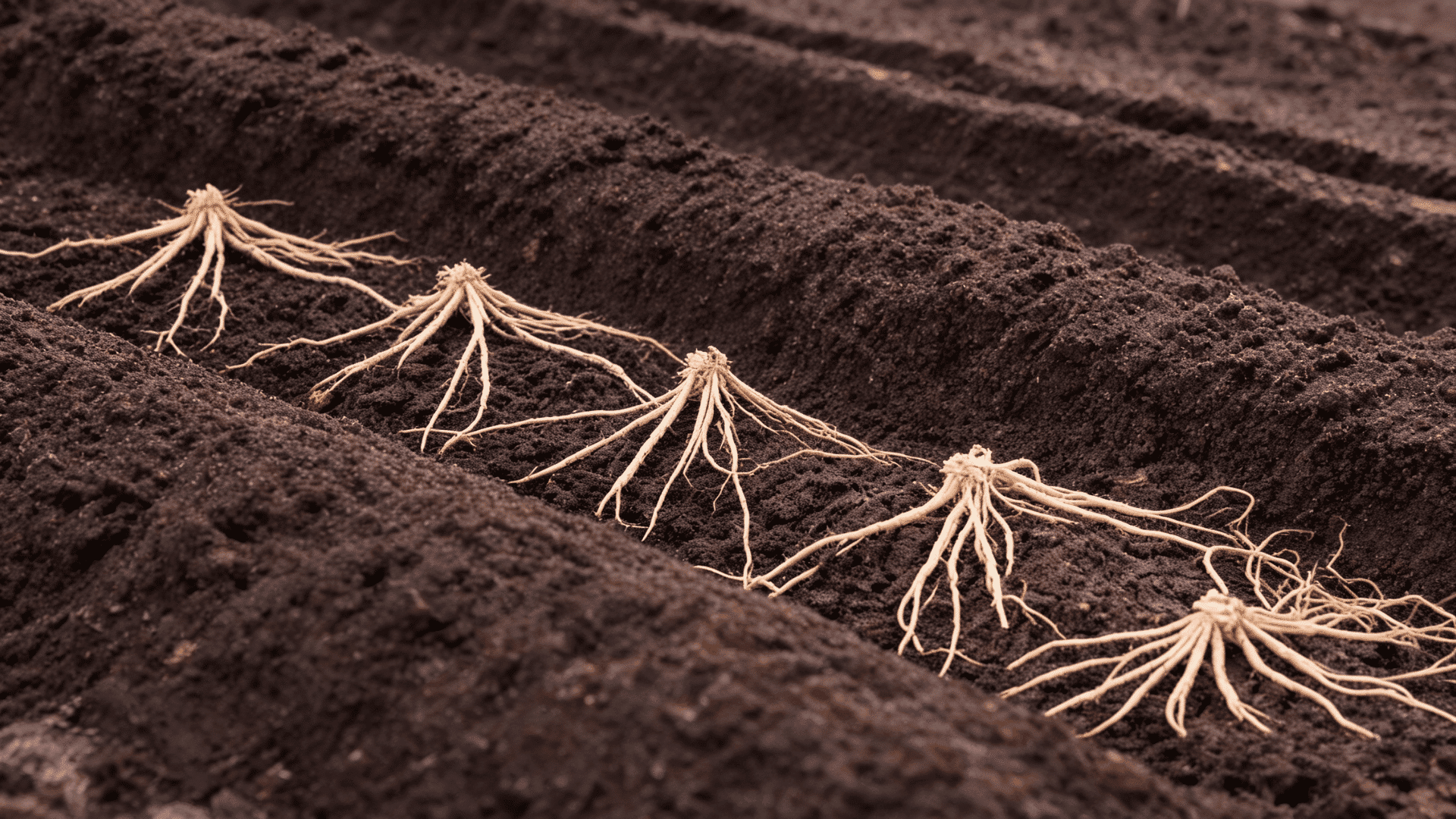Asparagus crowns placed in a trench with roots spread downward and space between each crown