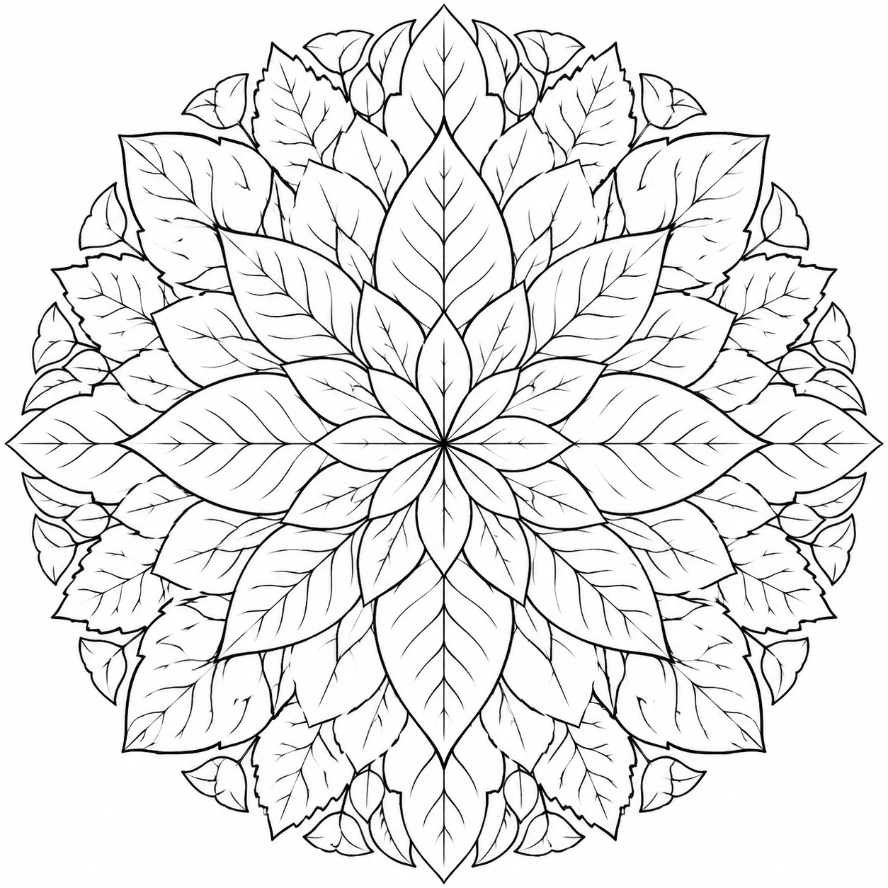 Intricate leaf mandala coloring page made from overlapping leaf shapes, offering a slow and meditative coloring session