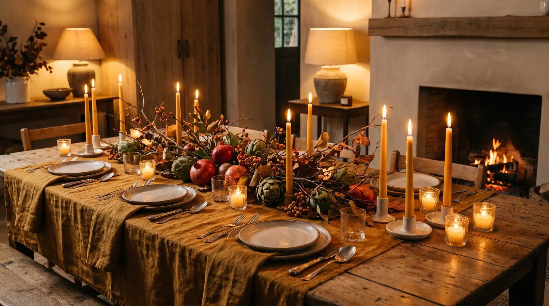 Candlelit Thanksgiving table with warm elegant holiday decor.