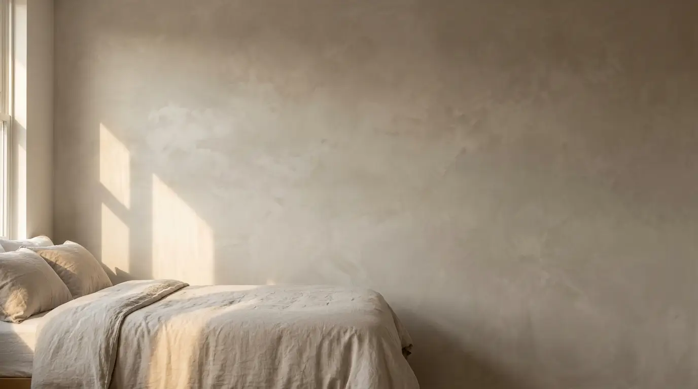 Minimalist bedroom with beige bedding and warm sunlight streaming through a window