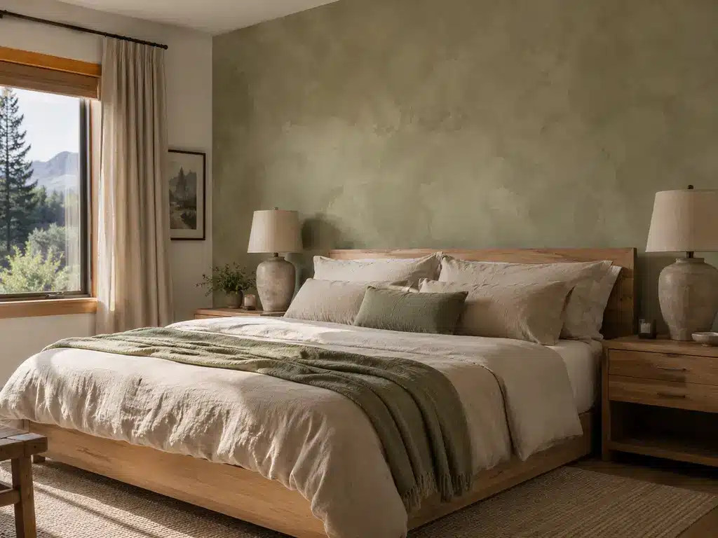 Modern bedroom with wooden bed and green accent wall in natural light setting