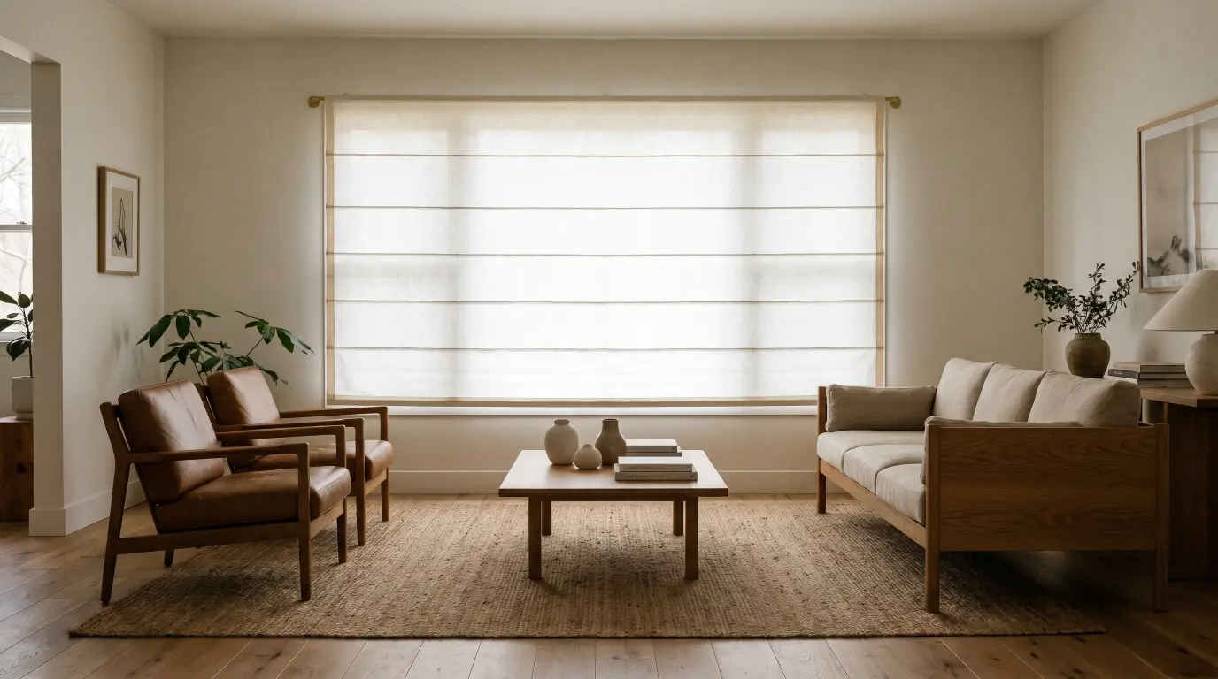 Linen Roman shades neatly folded on a window in a calm bedroom with soft neutral tones and warm daylight.