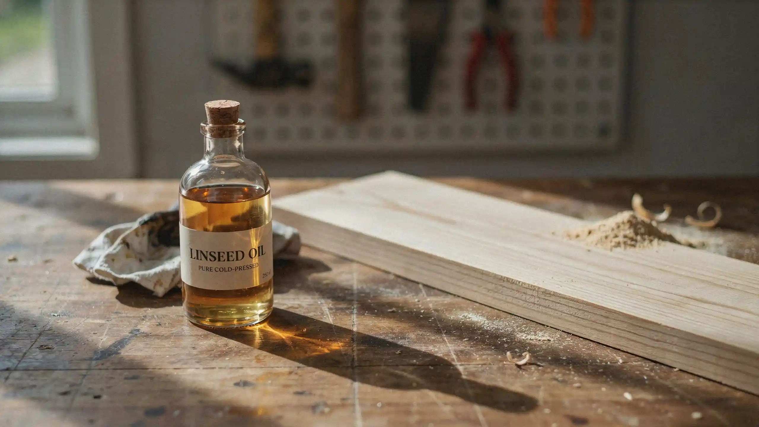 Linseed oil bottle beside sanded pine board as a natural wood finish option on a clean workbench.