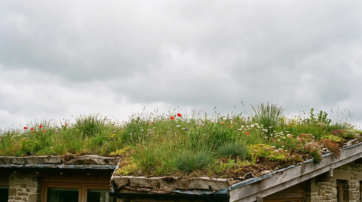 Green rooftop with wildflowers and grass on stone building under cloudy sky