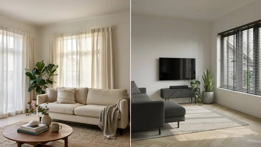 Living room comparison of soft curtains and sleek blinds for different styles