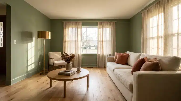 Full living room with Benjamin Moore Creekside Green sage green walls cream sofa and brass lamp.