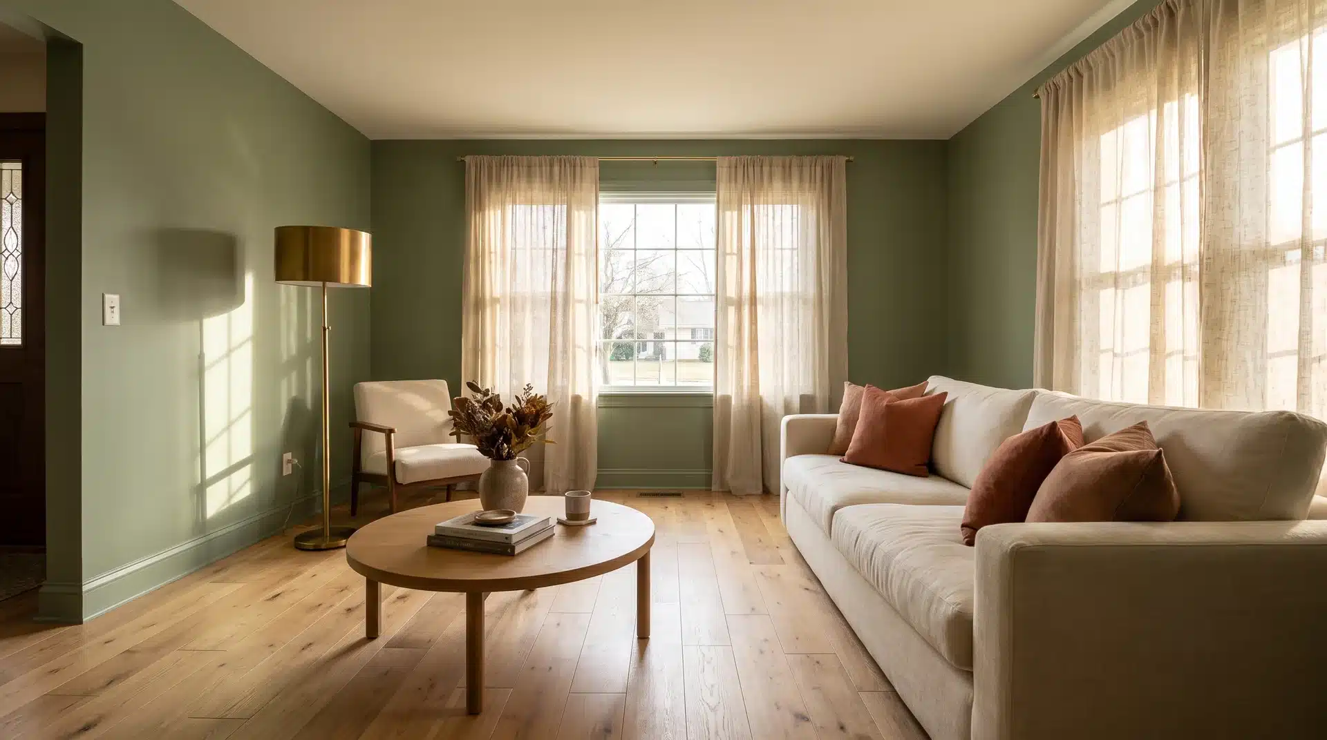 Full living room with Benjamin Moore Creekside Green sage green walls cream sofa and brass lamp.