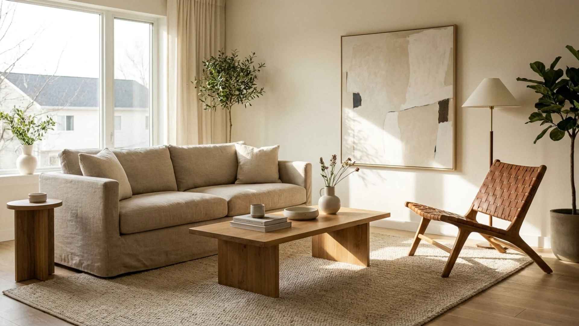 Minimalist living room with a beige sofa, a low wooden coffee table, and a woven armchair on a neutral area rug.