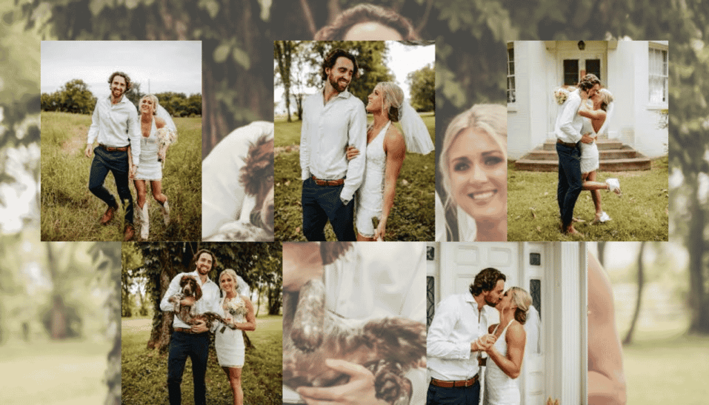 Wedding photo collage of Riley gaines with her husband as an outdoor bride and groom romantic moments garden ceremony and embrace lifestyle montage.