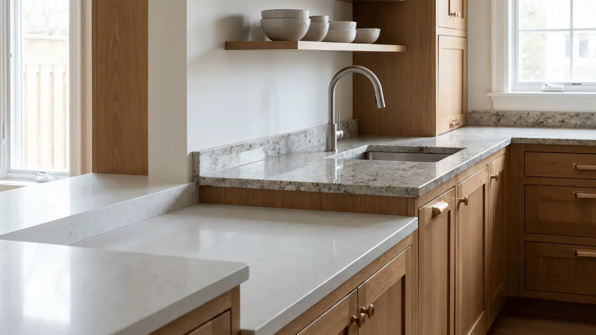 Lowered kitchen prep counter beside standard-height countertop surfaces