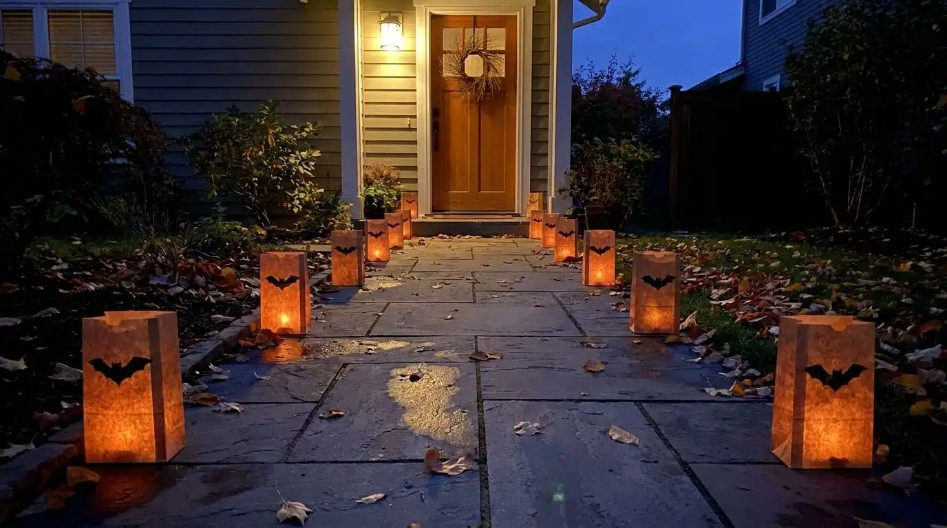 Front walkway lined with glowing paper bat lanterns leading to the door