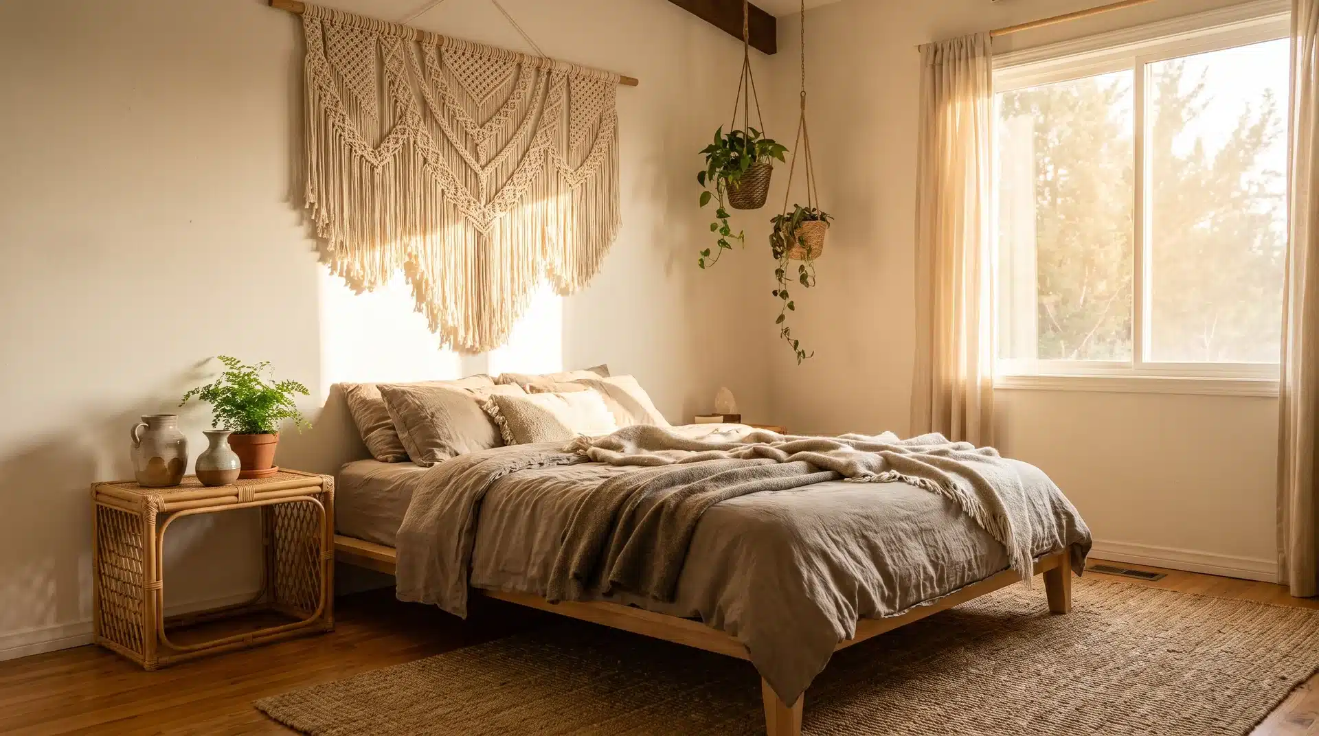 Handmade macramé wall hanging above a cozy bohemian bedroom.