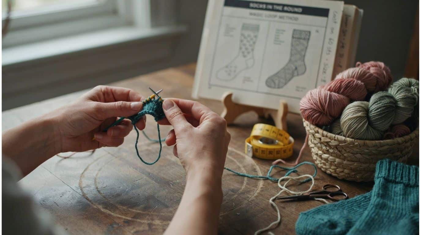 Fingers on Hand mid-round knitting a small tube using the magic loop method.