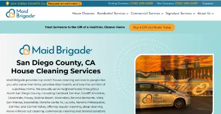 Website header for Maid Brigade with a car featuring company logo in an urban setting