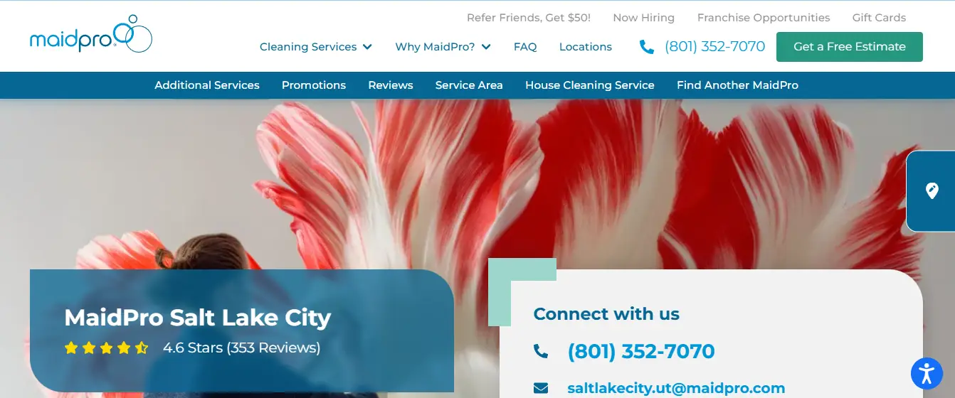 Blurred image of vibrant red and white flowers in background with MaidPro website overlay