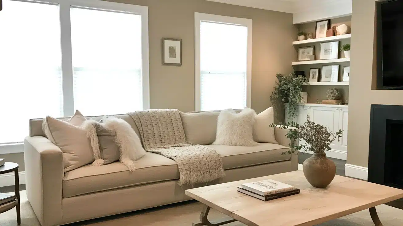 A bright living room with warm beige walls, a cream sofa, a light wood coffee table, and large white-trimmed windows.